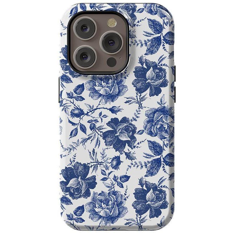 Rose to Fame | Blue & White Rose Floral Case iPhone Case get.casely Essential + MagSafe® iPhone 14 Pro